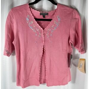 Vintage Classiques Entier Pink 100% Silk Embroidered Short Sleeve Cardigan M NWT